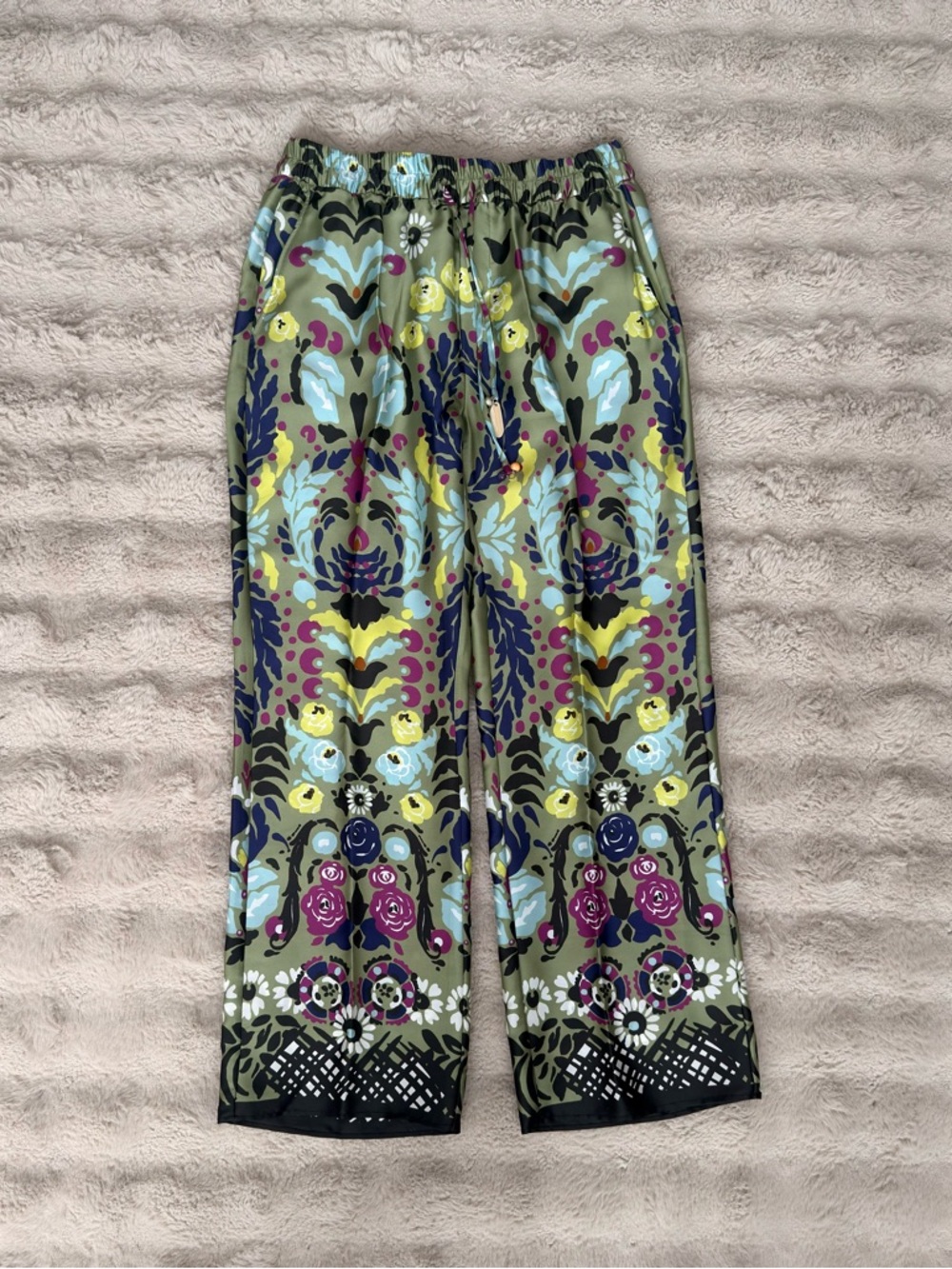 Zara Olive Multi Floral Wide-Leg Satin Pants